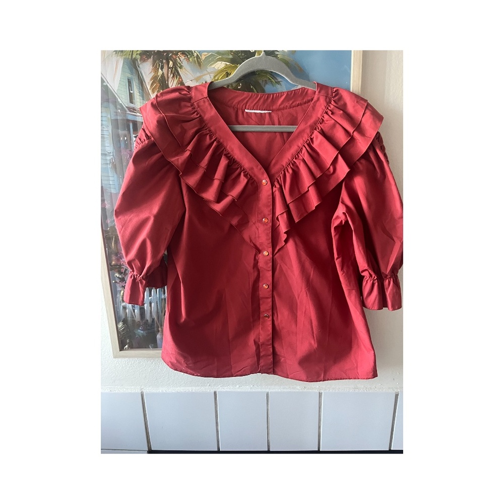 Peasant CottageCore prairie ruffles crimson snap front blouse